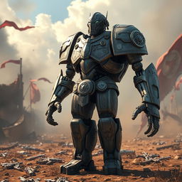 A warforged warrior standing on a battlefield, its metallic body gleaming under the sun