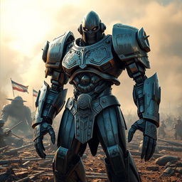 A warforged warrior standing on a battlefield, its metallic body gleaming under the sun