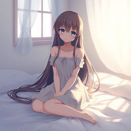 Anime girl sitting on a bed, long flowing hair, soft expression, subtle lighting, with an emphasis on a serene and peaceful atmosphere