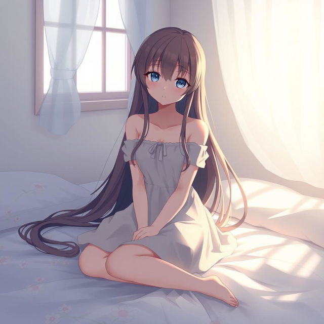 Anime girl sitting on a bed, long flowing hair, soft expression, subtle lighting, with an emphasis on a serene and peaceful atmosphere