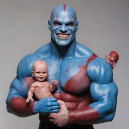 A large, bodybuilder man reminiscent of a hairless Drax, his blue skin marked with red scars and dripping blood. Despite his fierce appearance, his smile is friendly. In his muscular hands, he holds a fully clothed porcelain doll with detailed hair.