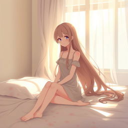 Anime girl sitting on a bed, long flowing hair, soft expression, subtle lighting, with an emphasis on a serene and peaceful atmosphere