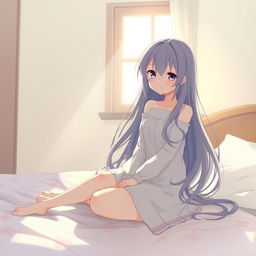 Anime girl sitting on a bed, long flowing hair, soft expression, subtle lighting, with an emphasis on a serene and peaceful atmosphere