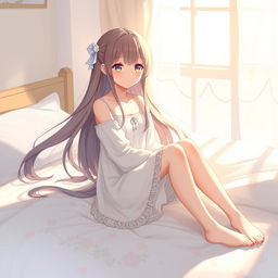 Anime girl sitting on a bed, long flowing hair, soft expression, subtle lighting, with an emphasis on a serene and peaceful atmosphere