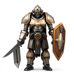 A warforged warrior with human-like features, standing resolutely on a white background