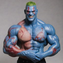 A large, bodybuilder man reminiscent of a hairless Drax, his blue skin marked with red scars and dripping blood. Despite his fierce appearance, his smile is friendly. In his muscular hands, he holds a fully clothed porcelain doll with detailed hair.