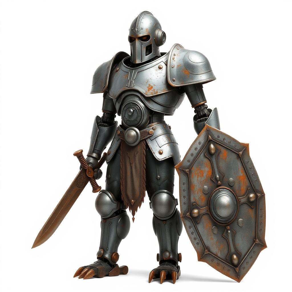 An ancient warforged warrior with human-like features, showcasing a worn and enduring appearance, standing on a white background