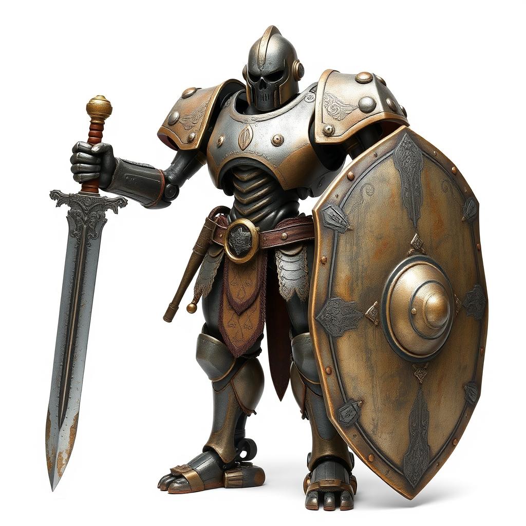 An ancient warforged warrior with human-like features, showcasing a worn and enduring appearance, standing on a white background