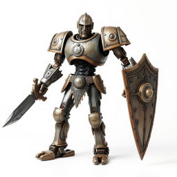 An ancient warforged warrior with human-like features, showcasing a worn and enduring appearance, standing on a white background