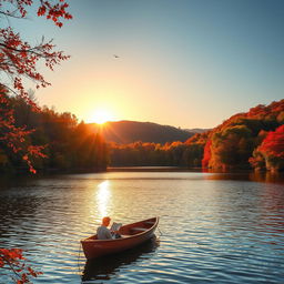 A scenic view of a tranquil lake surrounded by lush forests during autumn