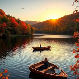 A scenic view of a tranquil lake surrounded by lush forests during autumn