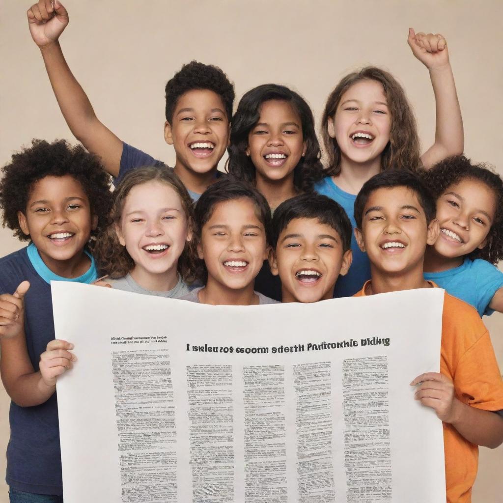 An impactful advocacy poster featuring a diverse group of triumphant kids holding up a large, unfurling scroll that symbolises the anti-bullying law, with text emphasizing the importance of its implementation.