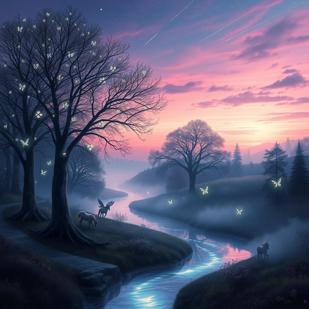 An ethereal landscape depicting a serene twilight in a mystical forest