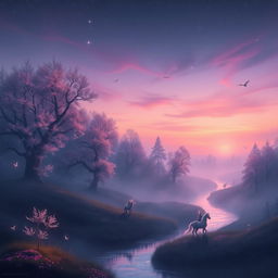 An ethereal landscape depicting a serene twilight in a mystical forest