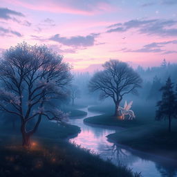 An ethereal landscape depicting a serene twilight in a mystical forest