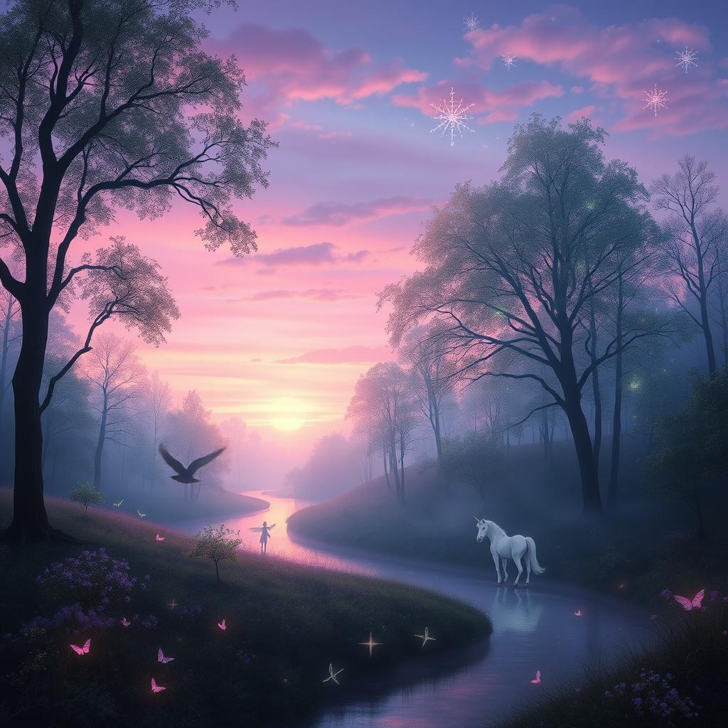 An ethereal landscape depicting a serene twilight in a mystical forest