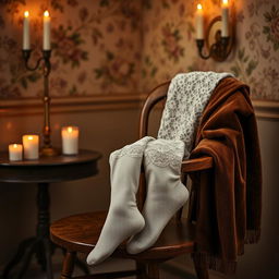 A still life composition featuring a pair of vintage-style lace stockings delicately draped over a wooden chair