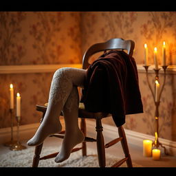 A still life composition featuring a pair of vintage-style lace stockings delicately draped over a wooden chair