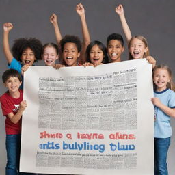 An impactful advocacy poster featuring a diverse group of triumphant kids holding up a large, unfurling scroll that symbolises the anti-bullying law, with text emphasizing the importance of its implementation.