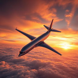 A modern, sleek commercial airplane soaring high above the clouds during a stunning sunset