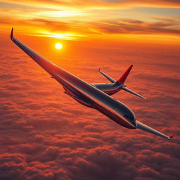 A modern, sleek commercial airplane soaring high above the clouds during a stunning sunset