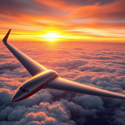 A modern, sleek commercial airplane soaring high above the clouds during a stunning sunset