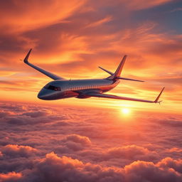 A modern, sleek commercial airplane soaring high above the clouds during a stunning sunset