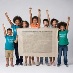 An impactful advocacy poster featuring a diverse group of triumphant kids holding up a large, unfurling scroll that symbolises the anti-bullying law, with text emphasizing the importance of its implementation.