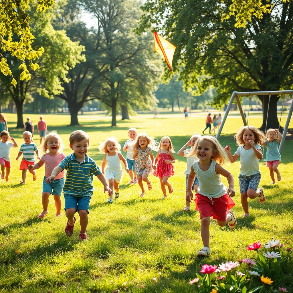 A joyful scene of children playing in a sunlit park