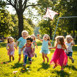 A joyful scene of children playing in a sunlit park