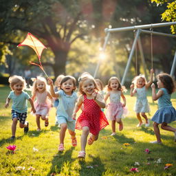 A joyful scene of children playing in a sunlit park