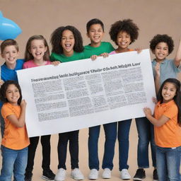 An impactful advocacy poster featuring a diverse group of triumphant kids holding up a large, unfurling scroll that symbolises the anti-bullying law, with text emphasizing the importance of its implementation.