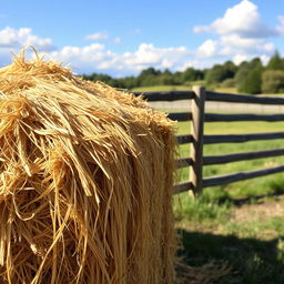 A rustic and natural scene featuring a stack of hay bales ready for feeding a horse in a peaceful countryside setting