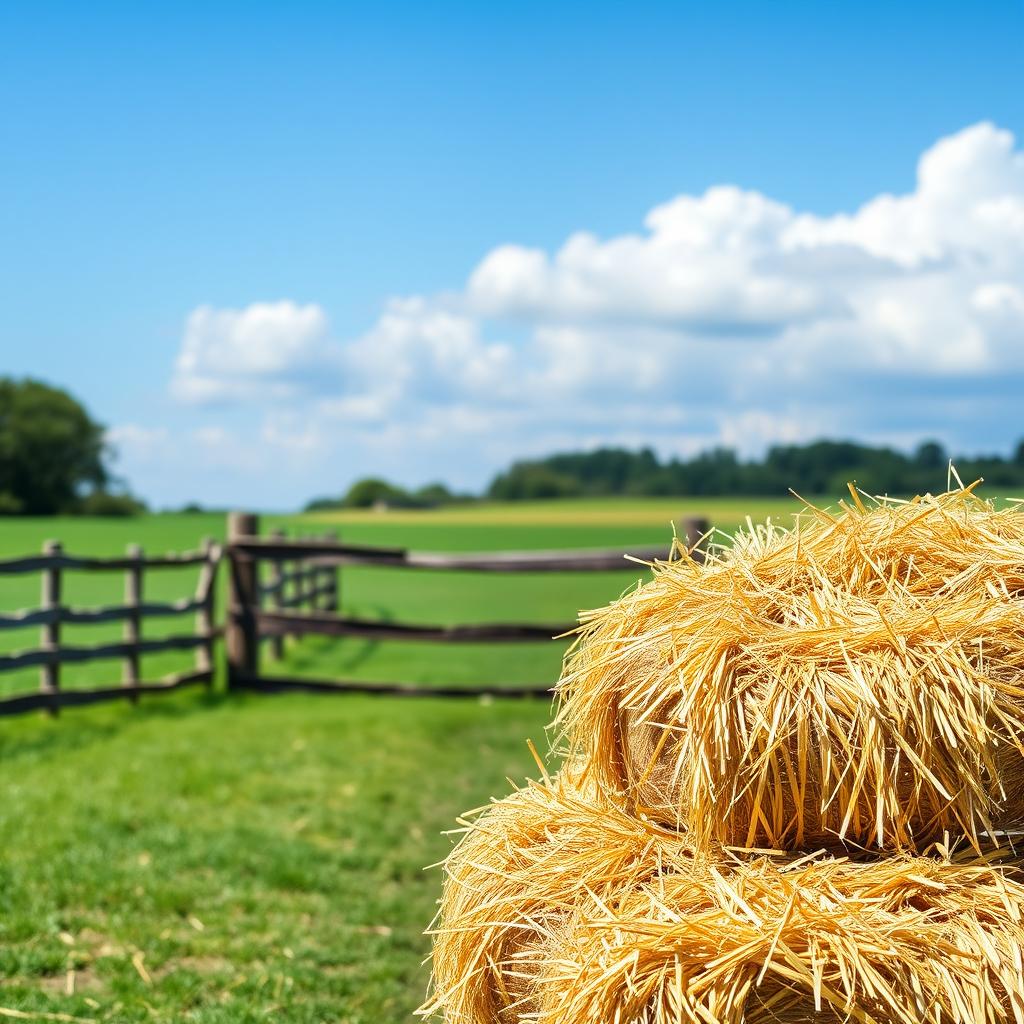 A rustic and natural scene featuring a stack of hay bales ready for feeding a horse in a peaceful countryside setting