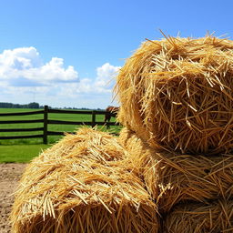 A rustic and natural scene featuring a stack of hay bales ready for feeding a horse in a peaceful countryside setting