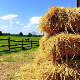 A rustic and natural scene featuring a stack of hay bales ready for feeding a horse in a peaceful countryside setting