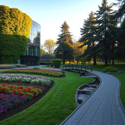 A harmonious blend of nature and architecture, featuring a modern glass building partially covered in lush green ivy and surrounded by a serene park