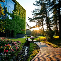 A harmonious blend of nature and architecture, featuring a modern glass building partially covered in lush green ivy and surrounded by a serene park