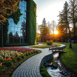 A harmonious blend of nature and architecture, featuring a modern glass building partially covered in lush green ivy and surrounded by a serene park