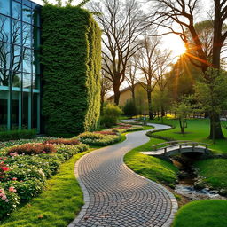 A harmonious blend of nature and architecture, featuring a modern glass building partially covered in lush green ivy and surrounded by a serene park