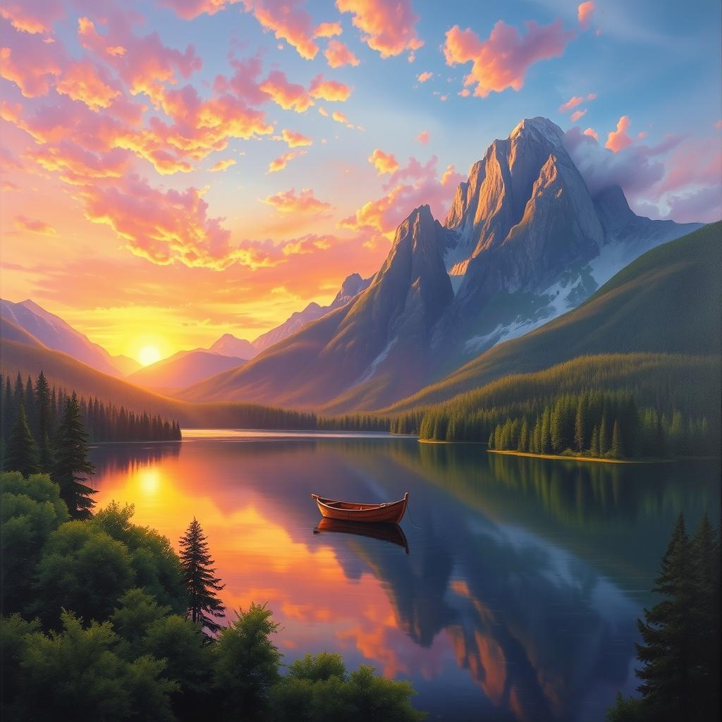 A magnificent landscape painting featuring a sunset over a serene lake, surrounded by lush green forests and towering mountains in the background