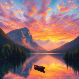 A magnificent landscape painting featuring a sunset over a serene lake, surrounded by lush green forests and towering mountains in the background