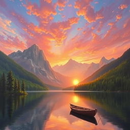 A magnificent landscape painting featuring a sunset over a serene lake, surrounded by lush green forests and towering mountains in the background