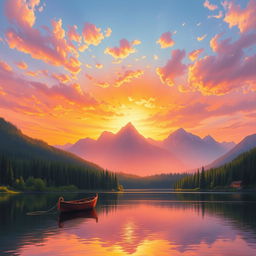 A magnificent landscape painting featuring a sunset over a serene lake, surrounded by lush green forests and towering mountains in the background