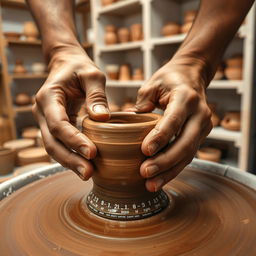 A close-up image of hands skillfully molding a piece of clay on a pottery wheel