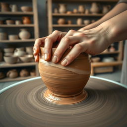 A close-up image of hands skillfully molding a piece of clay on a pottery wheel