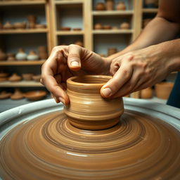 A close-up image of hands skillfully molding a piece of clay on a pottery wheel