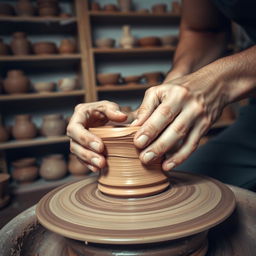 A close-up image of hands skillfully molding a piece of clay on a pottery wheel