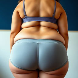 A young, chubby adult woman with a huge, prominent backside, wearing very short, tight sports shorts that highlight her extremely wide and big thighs