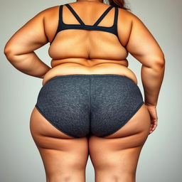 A young, chubby adult woman with a huge, prominent backside, wearing very short, tight sports shorts that highlight her extremely wide and big thighs